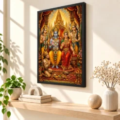 Ram Darbar Traditional Indian Miniature-Inspired Devotional Art Photo Frame — black frame console