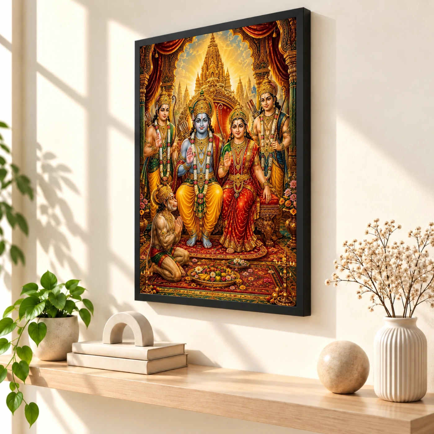 Ram Darbar Traditional Indian Miniature-Inspired Devotional Art Photo Frame 2 Ram Darbar Traditional Indian Miniature-Inspired Devotional Art Photo Frame — black frame console