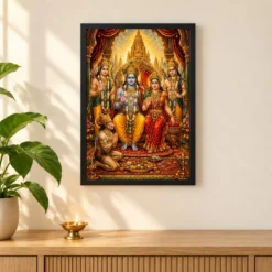 Ram Darbar Traditional Indian Miniature-Inspired Devotional Art Photo Frame 11 Ram Darbar Traditional Indian Miniature-Inspired Devotional Art Photo Frame — black frame pooja shelf