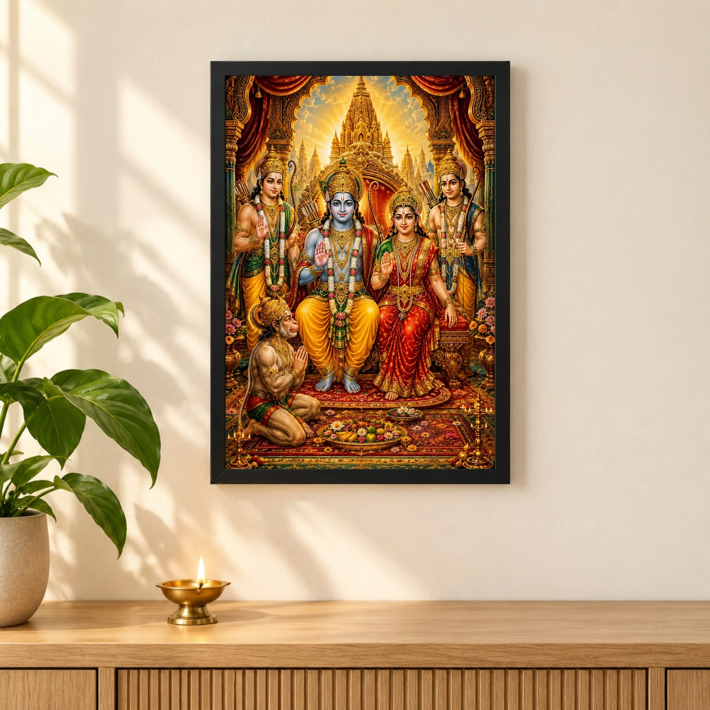 Ram Darbar Traditional Indian Miniature-Inspired Devotional Art Photo Frame 3 Ram Darbar Traditional Indian Miniature-Inspired Devotional Art Photo Frame — black frame pooja shelf