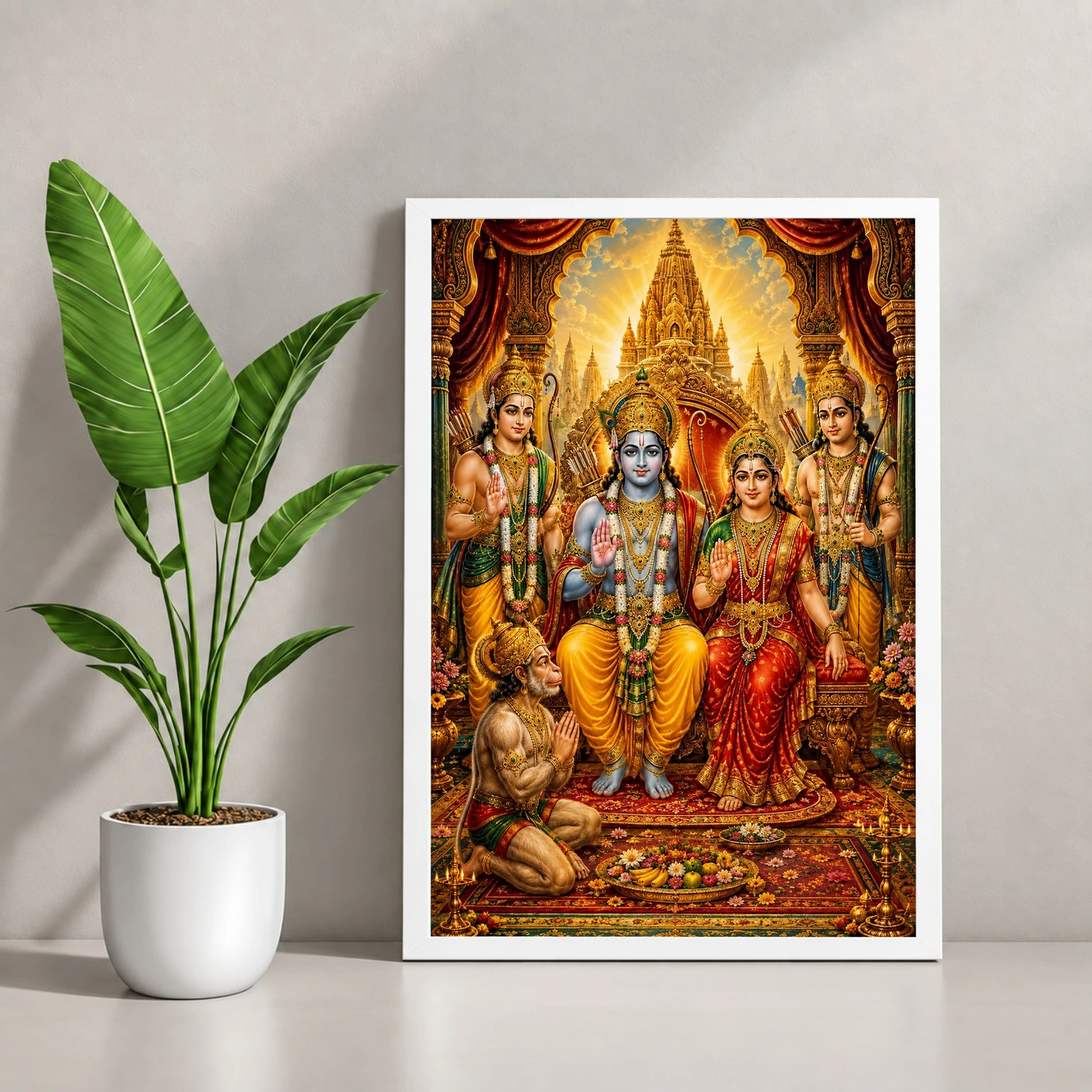Ram Darbar Traditional Indian Miniature-Inspired Devotional Art Photo Frame 4 Ram Darbar Traditional Indian Miniature-Inspired Devotional Art Photo Frame — white frame console