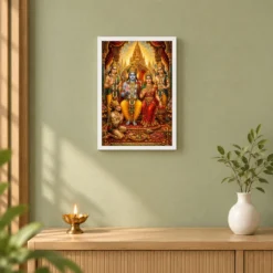 Ram Darbar Traditional Indian Miniature-Inspired Devotional Art Photo Frame 14 Ram Darbar Traditional Indian Miniature-Inspired Devotional Art Photo Frame — white frame distant wall