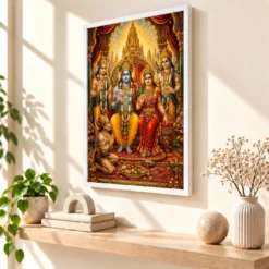 Ram Darbar Traditional Indian Miniature-Inspired Devotional Art Photo Frame 15 Ram Darbar Traditional Indian Miniature-Inspired Devotional Art Photo Frame — white frame warm console
