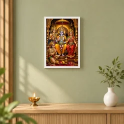 Ram Darbar Vivid Premium Spiritual Poster Art Photo Frame — white frame distant wall