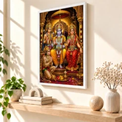 Ram Darbar Vivid Premium Spiritual Poster Art Photo Frame — white frame warm console