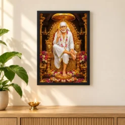 Shirdi Sai Baba Ornate Golden Temple Darshan Photo Frame — black frame pooja shelf