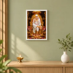 Shirdi Sai Baba Ornate Golden Temple Darshan Photo Frame — white frame distant wall