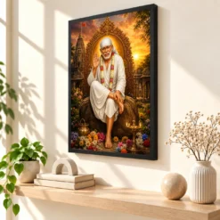 Shirdi Sai Baba Serene Sunrise Blessing Photo Frame — black frame console
