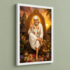 Shirdi Sai Baba Serene Sunrise Blessing Photo Frame — white frame angled wall