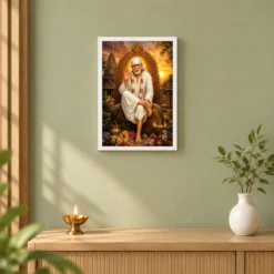 Shirdi Sai Baba Serene Sunrise Blessing Photo Frame — white frame distant wall