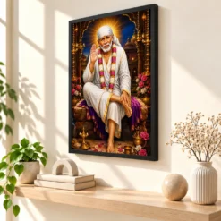 Shirdi Sai Baba Royal Jewel-Toned Portrait Photo Frame — black frame console