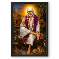 Shirdi Sai Baba Traditional Indian Miniature-Inspired Devotional Art Photo Frame — black frame clean