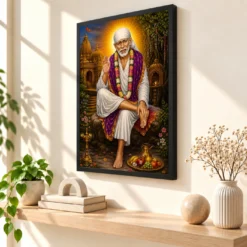 Shirdi Sai Baba Traditional Indian Miniature-Inspired Devotional Art Photo Frame — black frame console