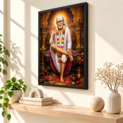 Shirdi Sai Baba Peaceful Home Mandir Composition Photo Frame — black frame console