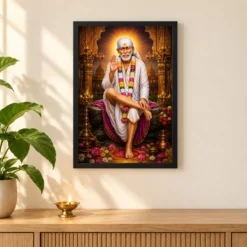 Shirdi Sai Baba Peaceful Home Mandir Composition Photo Frame 11 Shirdi Sai Baba Peaceful Home Mandir Composition Photo Frame — black frame pooja shelf