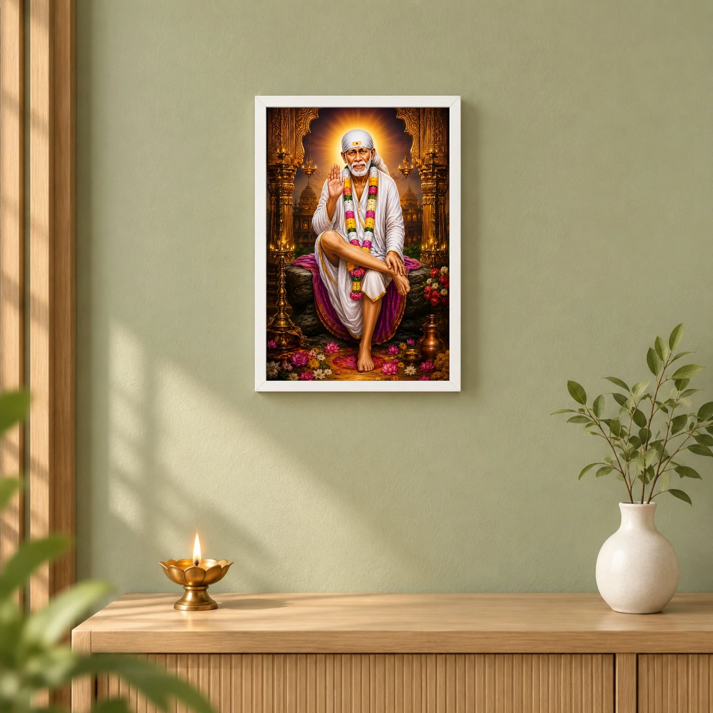 Shirdi Sai Baba Peaceful Home Mandir Composition Photo Frame 6 Shirdi Sai Baba Peaceful Home Mandir Composition Photo Frame — white frame distant wall