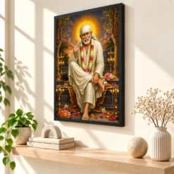 Shirdi Sai Baba Vivid Premium Spiritual Poster Art Photo Frame — black frame console
