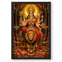 Durga Maa Ornate Golden Temple Darshan Photo Frame — black frame clean