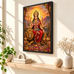 Durga Maa Serene Sunrise Blessing Photo Frame — black frame console