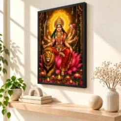 Durga Maa Lotus And Diya Radiance Photo Frame — black frame console