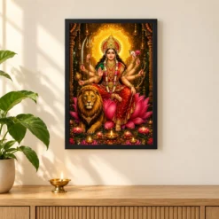 Durga Maa Lotus And Diya Radiance Photo Frame — black frame pooja shelf