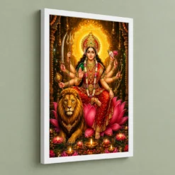 Durga Maa Lotus And Diya Radiance Photo Frame — white frame angled wall