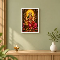 Durga Maa Lotus And Diya Radiance Photo Frame — white frame distant wall