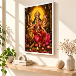 Durga Maa Lotus And Diya Radiance Photo Frame — white frame warm console