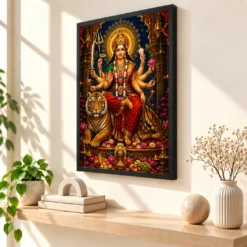 Durga Maa Traditional Indian Miniature-Inspired Devotional Art Photo Frame — black frame console