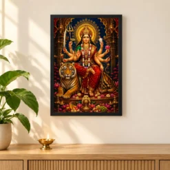 Durga Maa Traditional Indian Miniature-Inspired Devotional Art Photo Frame — black frame pooja shelf