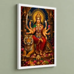 Durga Maa Traditional Indian Miniature-Inspired Devotional Art Photo Frame — white frame angled wall
