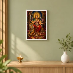Durga Maa Traditional Indian Miniature-Inspired Devotional Art Photo Frame — white frame distant wall