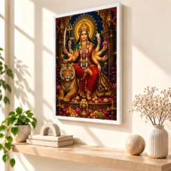 Durga Maa Traditional Indian Miniature-Inspired Devotional Art Photo Frame — white frame warm console