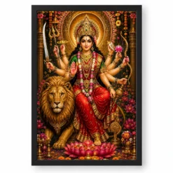 Durga Maa Grand Festival Flower Decoration Photo Frame — black frame clean