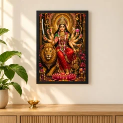 Durga Maa Grand Festival Flower Decoration Photo Frame — black frame pooja shelf