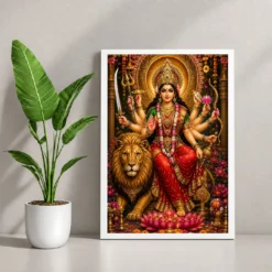 Durga Maa Grand Festival Flower Decoration Photo Frame — white frame console