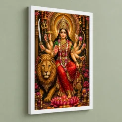 Durga Maa Grand Festival Flower Decoration Photo Frame — white frame angled wall