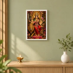Durga Maa Grand Festival Flower Decoration Photo Frame — white frame distant wall