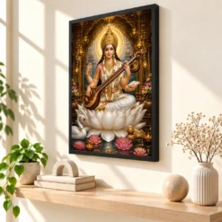 Saraswati Maa Ornate Golden Temple Darshan Photo Frame — black frame console