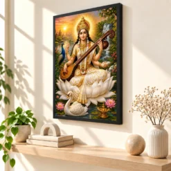 Saraswati Maa Serene Sunrise Blessing Photo Frame — black frame console