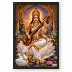 Saraswati Maa Royal Jewel-Toned Portrait Photo Frame — black frame clean