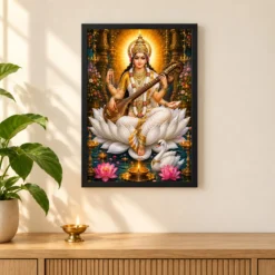 Saraswati Maa Lotus And Diya Radiance Photo Frame — black frame pooja shelf