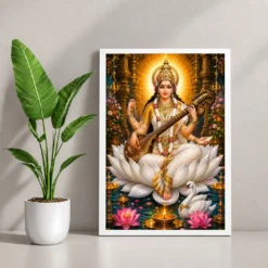 Saraswati Maa Lotus And Diya Radiance Photo Frame — white frame console