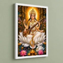 Saraswati Maa Lotus And Diya Radiance Photo Frame — white frame angled wall