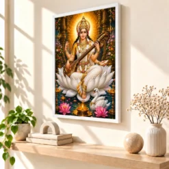 Saraswati Maa Lotus And Diya Radiance Photo Frame — white frame warm console