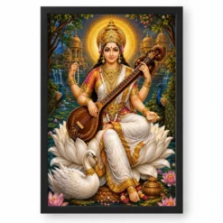 Saraswati Maa Traditional Indian Miniature-Inspired Devotional Art Photo Frame — black frame clean