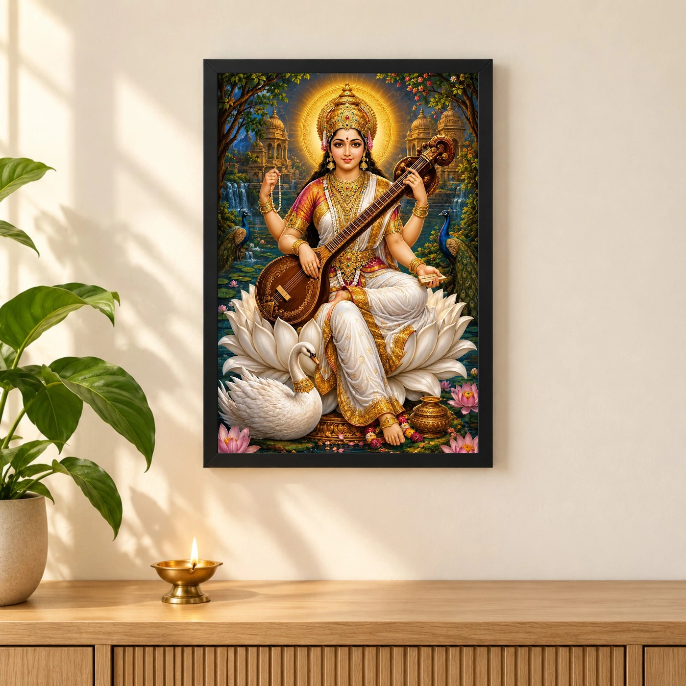 Saraswati Maa Traditional Indian Miniature-Inspired Devotional Art Photo Frame 3 Saraswati Maa Traditional Indian Miniature-Inspired Devotional Art Photo Frame — black frame pooja shelf