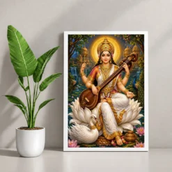 Saraswati Maa Traditional Indian Miniature-Inspired Devotional Art Photo Frame 12 Saraswati Maa Traditional Indian Miniature-Inspired Devotional Art Photo Frame — white frame console