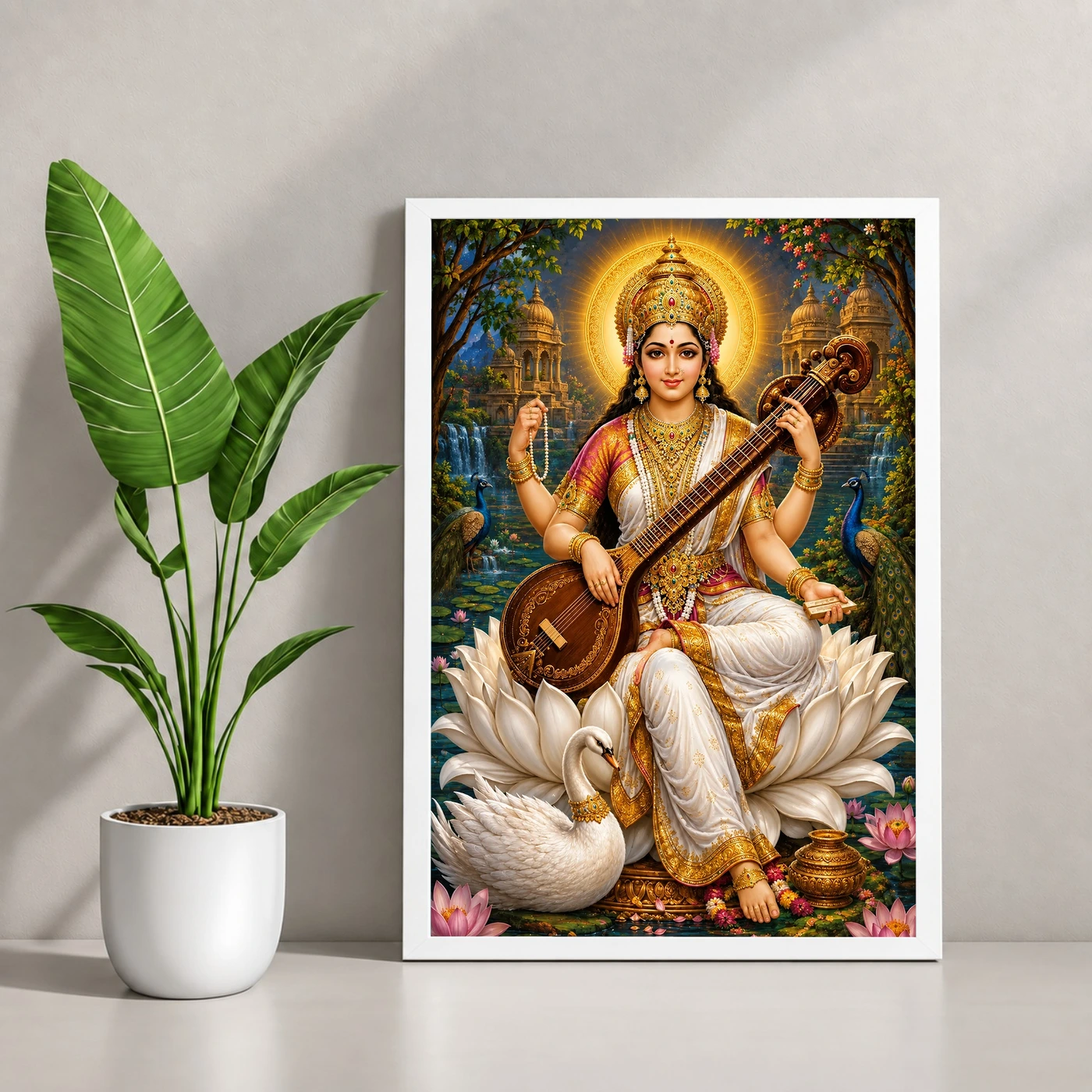 Saraswati Maa Traditional Indian Miniature-Inspired Devotional Art Photo Frame 4 Saraswati Maa Traditional Indian Miniature-Inspired Devotional Art Photo Frame — white frame console
