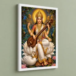 Saraswati Maa Traditional Indian Miniature-Inspired Devotional Art Photo Frame 13 Saraswati Maa Traditional Indian Miniature-Inspired Devotional Art Photo Frame — white frame angled wall